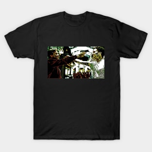 Denver and Auturo face each other and hold the pistols to their heads as comic graphic (vers. 2) T-Shirt